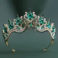Exquisite close-up detail of the baroque emerald green crystal tiara crown with rhinestones. - H1560 KC Gold with White & Peacock Green Rhinestones