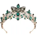Baroque green rhinestone bridal tiara European vintage wedding crown hair accessory for women - H1557 KC Gold with White & Peacock Green Rhinestones