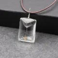 Handmade natural dandelion seed clear resin rectangular pendant necklace with brown cord. - Square Dandelion