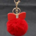 Red faux rabbit fur pom pom keychain with rhinestone bow and gold metal hardware for bags. - Bowknot Style - Artificial Rex Rabbit Fur / Red