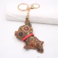 Süßer Bulldoggen Schlüsselanhänger mit ethnischem Blumenmuster und rotem Halsband, Tasche. - Florales Grün