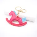 PU leather rocking horse keychain cute bag charm pony pendant gold tone hardware gift - Rose Red