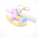 PU leather rocking horse keychain cute car bag pendant metal hardware ring charm - Taro Purple & Yellow