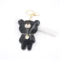 Black crocodile texture leather bear keychain with sparkling rhinestones and gold hardware. - Black