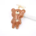 Brown crocodile texture leather bear keychain with rhinestones, cute bag pendant and metal ring. - Brown