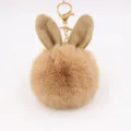 Cute bunny ear faux fur pom pom keychain charm, soft fluffy bag pendant accessory. - Khaki