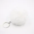 Soft white faux rabbit fur pom pom keychain pendant for handbags and car keys charm detail view. - 8cm Faux Fur + Single Ring Clasp / White