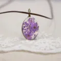 Handmade oval dried flower resin necklace with purple floral pendant for women and girls. - Purple