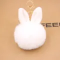White plush bunny ear keychain cute fluffy faux fur pom pom bag charm pendant accessory - White