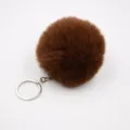 Brown fluffy faux rabbit fur pom pom keychain detail shot, soft bag pendant charm accessory. - 8cm Faux Fur + Single Ring Clasp / Brown