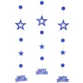 Blue glitter birthday party hanging decorations with stars and dots for celebration events. - Glitter Blue Birthday Banners
