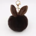 Cute brown faux fur rabbit ear pompom keychain, fluffy bag charm with gold hardware. - Brown