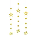 Dettaglio decorazione sospesa compleanno oro 18, stelle lucide e ghirlanda cerchi. - 18 Anni / Oro