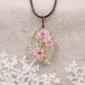 Collar de flores secas colgante resina ovalada joya estética bonita para mujeres - Versión antigua rosa