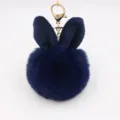 Cute rabbit ear plush pompom keychain, dark blue fluffy faux fur bag charm and pendant. - Navy Blue