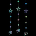 Holographic 30th birthday hanging banner party decorations with stars and circles for celebration. - 30 Years Old / Iridescent