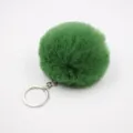 Green faux rabbit fur pom pom keychain detail view, fluffy ball pendant for bag and car. - 8cm Faux Fur + Single Ring Clasp / Army Green