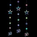 Holographic 50th birthday hanging decorations with hollow stars and circles for party decor. - 50 Years Old / Iridescent
