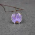 Handmade dried flower glass pendant necklace, preserved purple daisy resin jewelry detail view. - 30mm / Purple