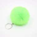 Green faux fur pom pom keychain detail, soft fluffy plush bag charm and car pendant accessory. - 8cm Faux Fur + Single Ring Clasp / Fluorescent Green