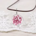 Handmade dried flower necklace glass ball pendant fresh clavicle chain floral jewelry - Fuschia