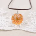 Handcrafted dried flower glass ball pendant necklace with brown cord for women fashion - 14mm / Orange