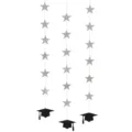 Décoration suspendue pour fête de remise des diplômes avec étoiles argentées et chapeaux. - Guirlande d'étoiles argentées et chapeaux de remise de diplôme noirs