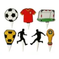 Football theme cake toppers set, featuring soccer balls, jerseys, and trophies for parties. - Football Theme Cake Toppers