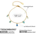 Closeup view of colorful zirconia charms on a stainless steel chain, detailed size display. - Bracelet (TXE065) / 17+5cm / Gold (Blue Zirconia)
