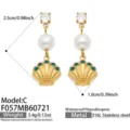 Vergoldete Edelstahl Muschel Perle Ohrringe mit blauem Kristall für Damen Strand Schmuck - Blauer Zirkonia Kammmuschel Stil (F057-C) / Gold