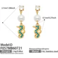 Edelstahl Seepferdchen Perle Ohrringe mit blauen Zirkonia für Damen Strand Modeschmuck - Blauer Zirkonia Seepferdchen Stil (F057-D) / Gold