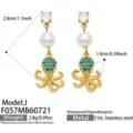 Vergoldete Edelstahl Oktopus Ohrringe mit Perlen und blauen Zirkonia Steinen fuer Damen. - Blauer Zirkonia Oktopus Stil (F057-J) / Gold
