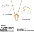 Stainless steel rhinestone cross pendant necklace with adjustable extender chain for women. - Model P895-E / 40.5+5cm / Gold