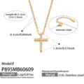 Gold stainless steel cross pendant necklace detail view showing size and zircon stones. - Model P895-F / 40.5+5cm / Gold