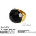 Massiver, facettierter schwarzer Glasstein Edelstahl Ring mit 18K vergoldetem Modedesign. - Größe 7 / A702-Schwarzer Glasstein