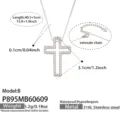 Silver stainless steel rhinestone cross pendant necklace with extender chain and details. - Model P895-B / 40.5+5cm / Steel