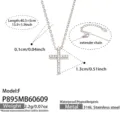 Stainless steel cross pendant necklace with sparkling cubic zirconia and adjustable extender chain. - Model P895-F / 40.5+5cm / Steel