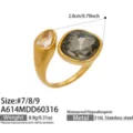 Edelstahl 18K vergoldeter asymmetrischer farbiger Glasstein offener Ring Detailansicht. - Größe 7 / Schwarzer Stein (A614) / Schwarz