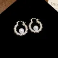 French vintage pearl hoop earrings, elegant gold tone metal design for women jewelry. - Vintage Pearl Hoop Earring (23#)