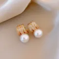Elegant French vintage gold pearl earrings with sparkling crystal pavé. Chic luxury style. - Rhinestone Large Pearl Earring (27#)