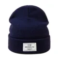 Dark blue winter knit beanie hat, stylish casual warm skull cap with patch for daily wear. - One Size / Navy Blue