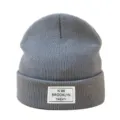 Grey knitted beanie hat winter warm wool cap close up detail view with front label badge. - One Size / Gray