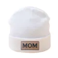 White knitted beanie hat with brown leather patch MOM letter detail for women winter warm - White