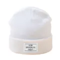 Bonnet en tricot blanc chaud automne hiver chapeau unisexe avec etiquette tissee style - Taille unique / Blanc