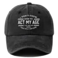 Vintage washed cotton dad hat detail showing front white novelty quote print design. - Adjustable / Black