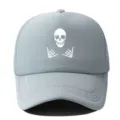 Grey mesh baseball cap featuring a white skull graphic, stylish street trucker hat for daily wear. - Adjustable / Gray