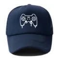Dark blue trucker baseball hat with white game controller graphic, breathable mesh summer cap. - Adjustable / Navy Blue
