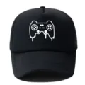 Black mesh baseball cap with white game controller print, casual streetwear sun hat. - Adjustable / Black