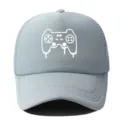 Grey mesh baseball hat featuring a white game controller graphic print, casual summer sun protection. - Adjustable / Light Gray