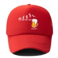Red mesh trucker hat detail view, featuring funny week evolution and beer graphic print. - Adjustable / Red
